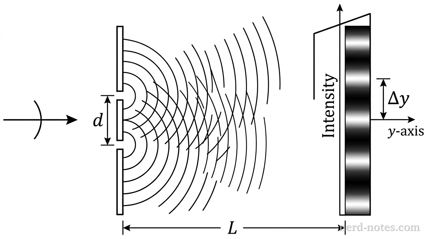 A schematic showing a monochromatic light beam moving to the right toward a vertical barrier with two small slits separated by distance d. Light waves emerge from the slits and overlap as they travel a distance L to a vertical viewing screen on the right. On the screen, a vertical intensity pattern shows alternating bright and dark regions, with the vertical distance between consecutive bright maxima labeled delta y. No other text or labels appear.