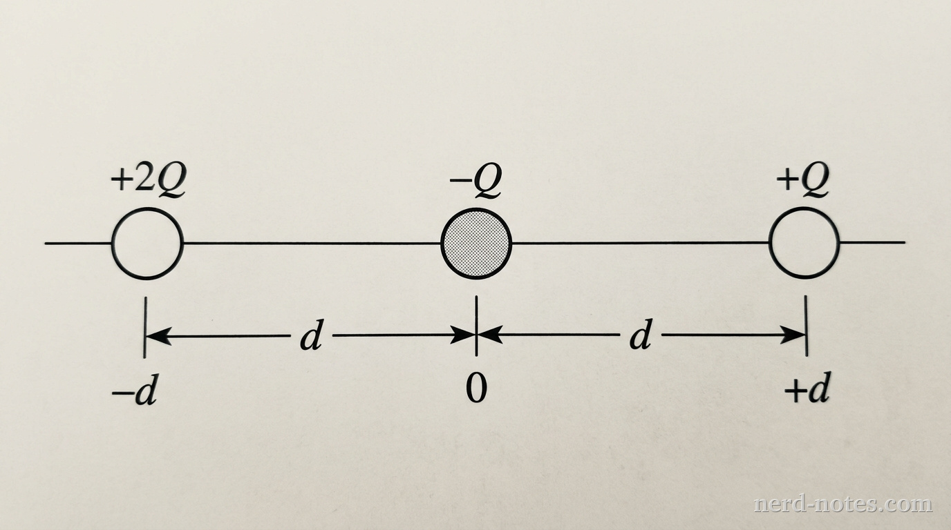Three point charges fixed along a horizontal line.