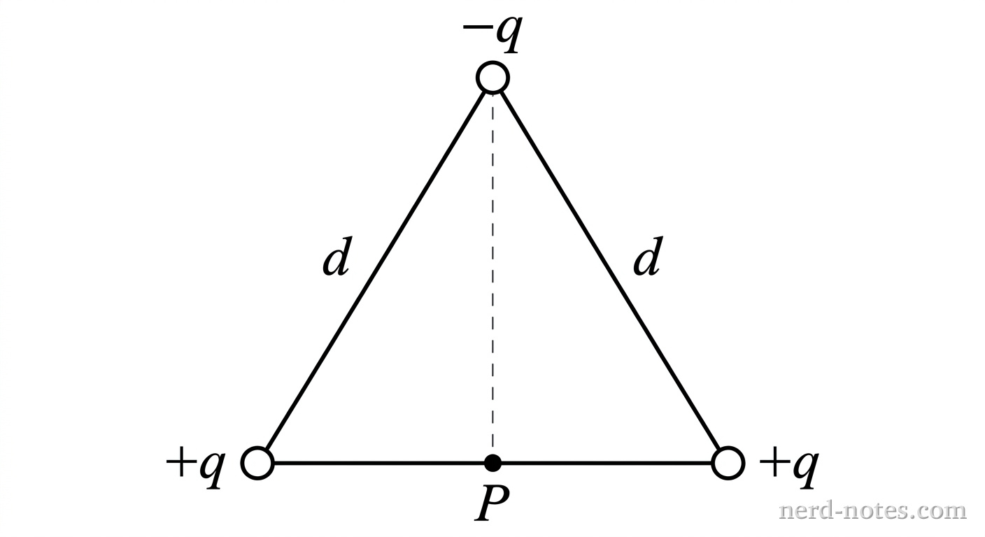 An equilateral triangle with side length labeled d. The bottom-left vertex has a circle labeled +q. The bottom-right vertex has a circle labeled +q. The top vertex has a circle labeled -q. The horizontal base connecting the two +q charges has a point labeled P located at its exact midpoint. A dashed vertical line segment extends from P up to the top vertex labeled -q. No other labels, lines, text, or axes appear.