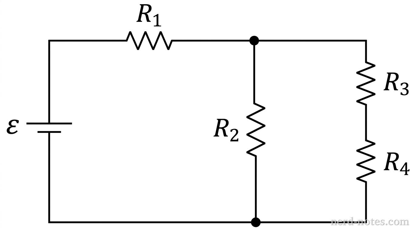 Circuit diagram containing four identical resistors and an ideal battery.