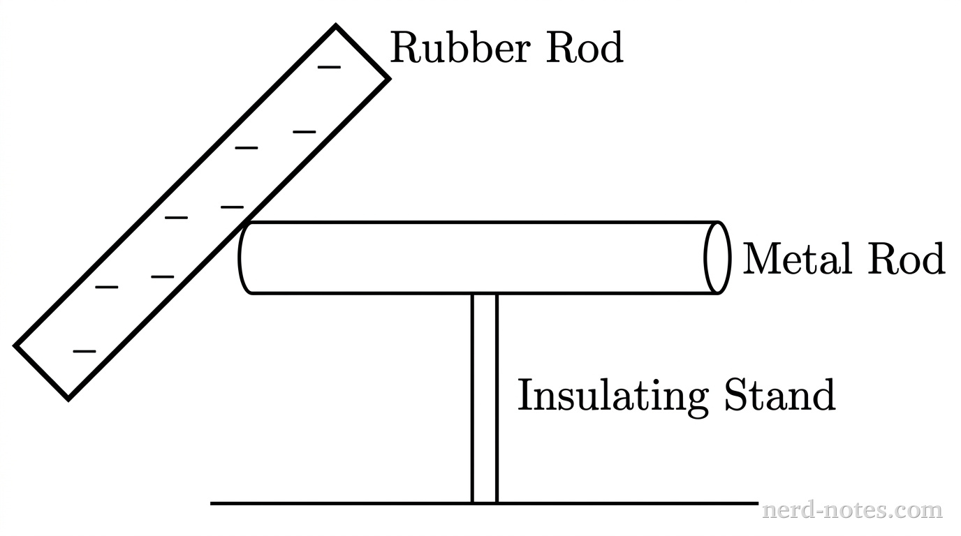 A horizontal cylindrical rod labeled Metal Rod is positioned centrally, supported underneath by a vertical thin pillar labeled Insulating Stand resting on a flat horizontal floor line. To the left, a thick rectangular bar labeled Rubber Rod is tilted at a 45-degree angle, with its lower-right end touching the upper-left surface of the metal rod. Six small minus signs are drawn inside the rubber rod distributed along its length. The metal rod is smooth with no charge symbols drawn on it. All labels are in black text positioned adjacent to their respective objects. No other labels, lines, text, or axes appear.