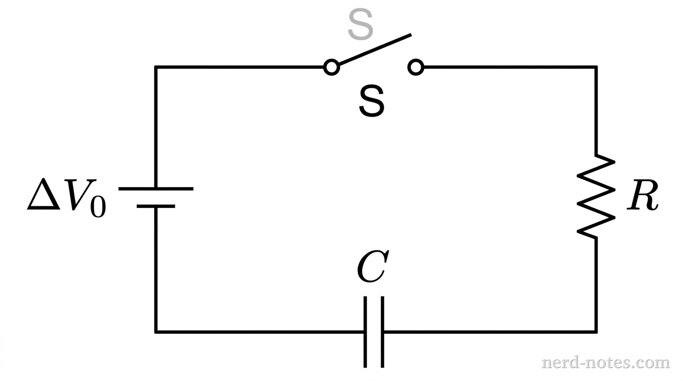 A schematic diagram of a single-loop DC circuit oriented as a rectangle. On the left vertical branch is an ideal battery labeled \(\Delta V_0\) with the longer positive terminal on top. On the top horizontal branch is an open switch S. On the right vertical branch is a resistor labeled R. On the bottom horizontal branch is an uncharged capacitor labeled C. Connecting wires complete the rectangular loop. No other labels or components appear.