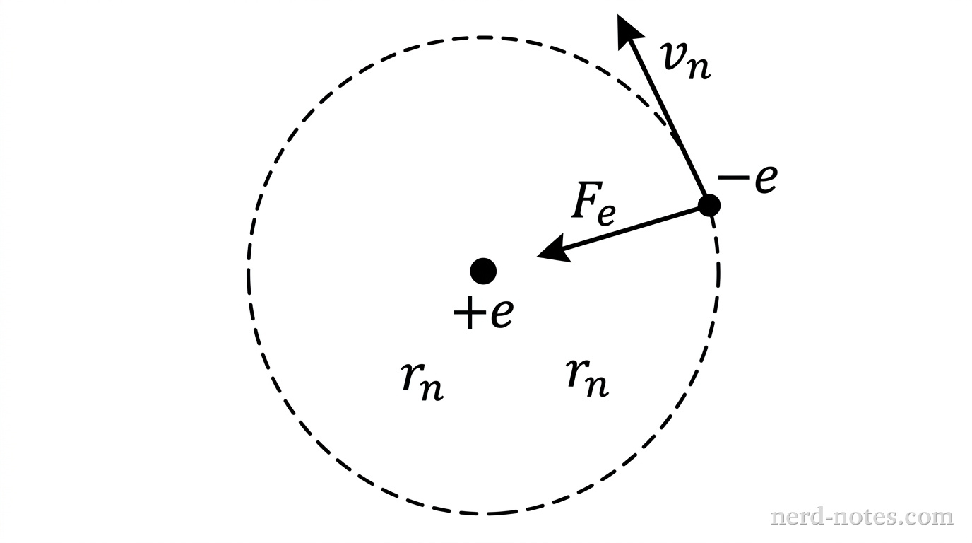 A schematic diagram showing a central proton labeled +e at the origin. A circular dashed line surrounding the center represents the electron orbit at radius r_n. On the circular path, a small dot representing an electron labeled -e moves counterclockwise with a velocity arrow v_n tangent to the circle. A central arrow labeled F_e points radially inward from the electron toward the proton. No other labels, lines, text, or axes appear.