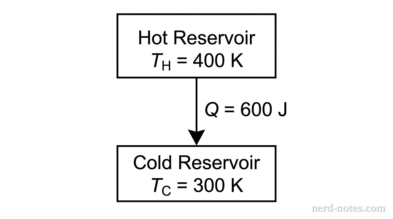 A block diagram showing two thermal reservoirs. At the top is a rectangular box labeled 'Hot Reservoir' with text 'T_H = 400 K'. At the bottom is a rectangular box labeled 'Cold Reservoir' with text 'T_C = 300 K'. A vertical arrow points downward from the hot reservoir to the cold reservoir, labeled 'Q = 600 J'. No other labels, lines, text, or axes appear.