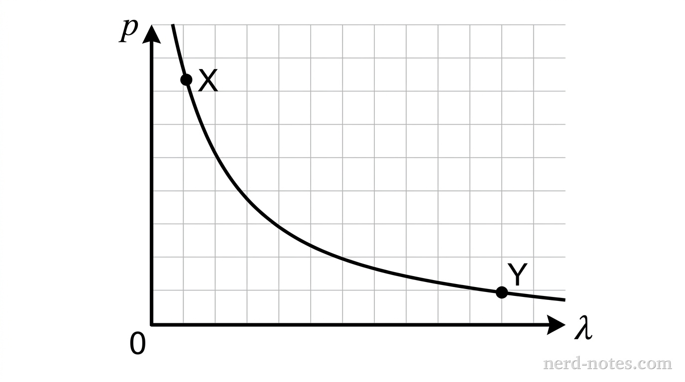 Momentum \(p\) versus de Broglie wavelength \(\lambda\) for subatomic particles.