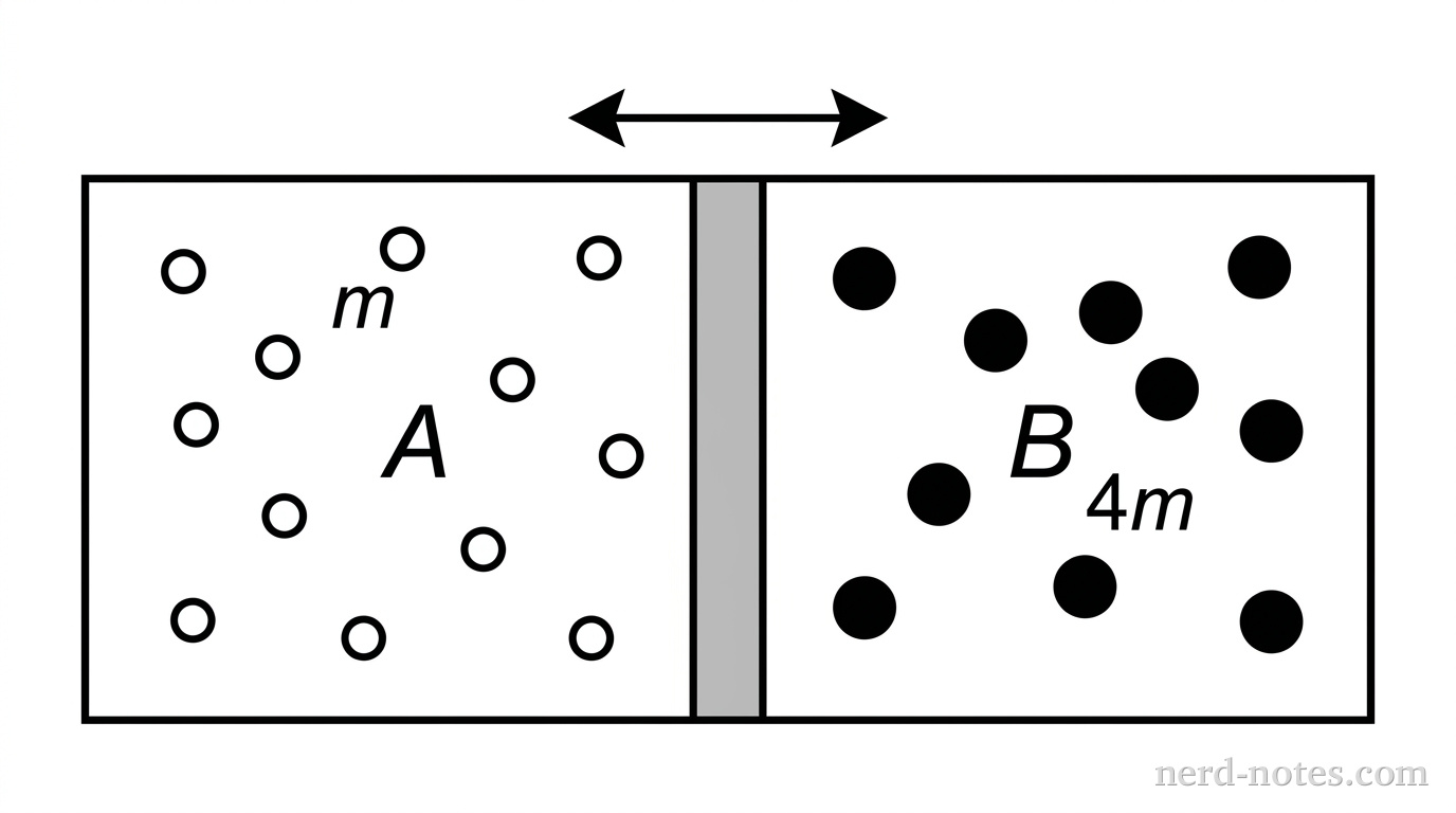 A horizontal rectangle representing a cylinder is divided into two compartments by a vertical shaded bar representing a movable piston. The left compartment is labeled A and contains several small open circles representing gas particles of mass m. The right compartment is labeled B and contains several larger filled circles representing gas particles of mass 4m. A double-headed horizontal arrow above the piston indicates it is free to move. No other labels, lines, text, or axes appear.