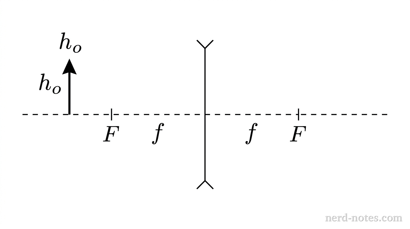 A horizontal dashed line represents the principal axis. A thin vertical line segment with inward-pointing arrowheads at both ends representing a diverging lens is centered on the axis. Two focal points, labeled F, are marked on the principal axis at equal distances f to the left and right of the lens. An upright object arrow labeled h_o stands on the principal axis to the left of the lens at a distance greater than f. No light rays, back-extensions, or images are drawn. No other labels, lines, text, or axes appear.