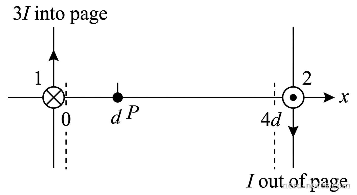 Two parallel wires carrying opposite currents.
