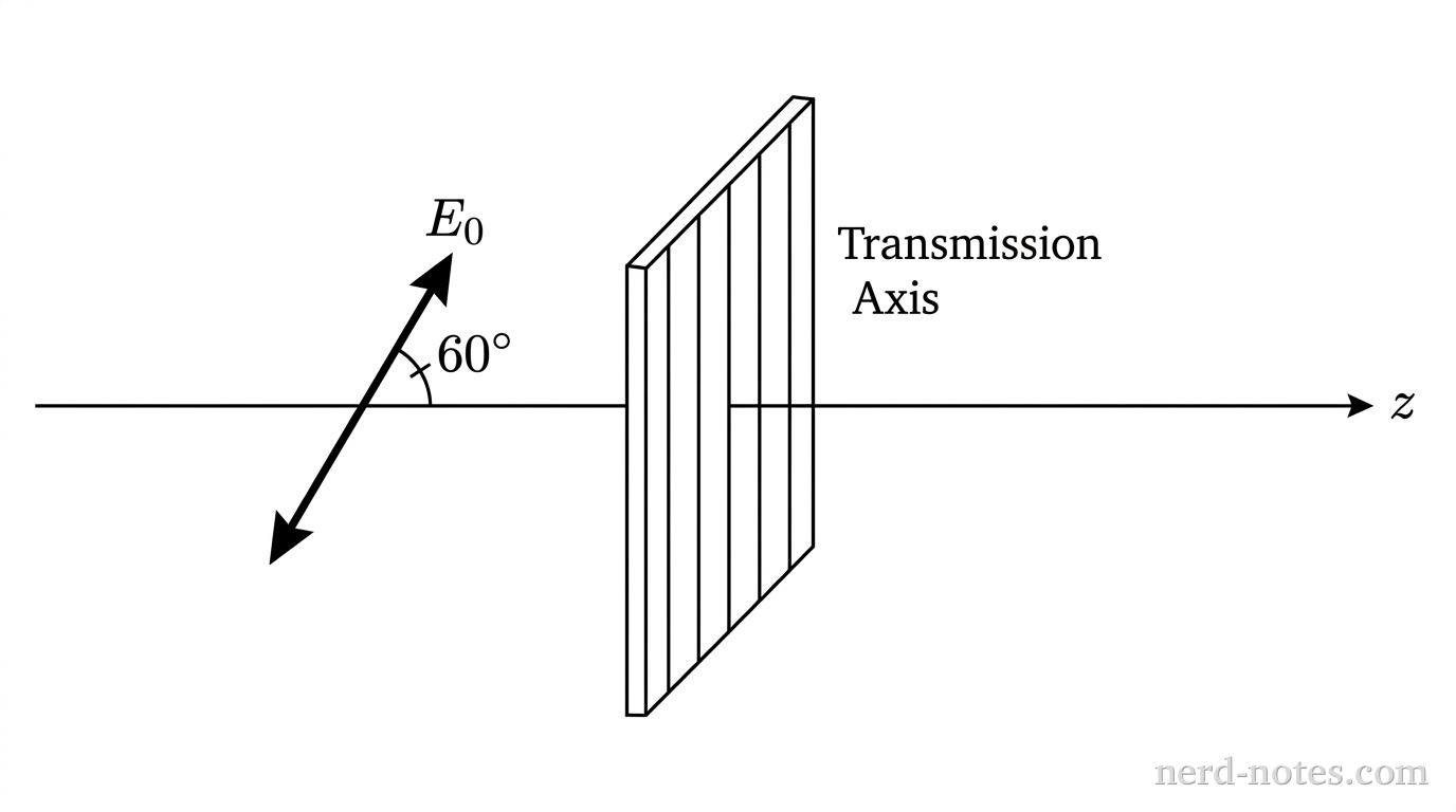 A horizontal z-axis extends from left to right. On the left, an incoming light wave along the z-axis has a double-headed arrow representing an electric field vector oscillating at a 60-degree angle relative to the vertical y-axis, labeled E_0. In the center, a thin rectangular polarizing filter stands upright in the xy-plane, featuring parallel vertical lines indicating a vertical transmission axis labeled Transmission Axis. To the right, the transmitted light continues along the z-axis after passing through the filter. No other labels, lines, text, or axes appear.