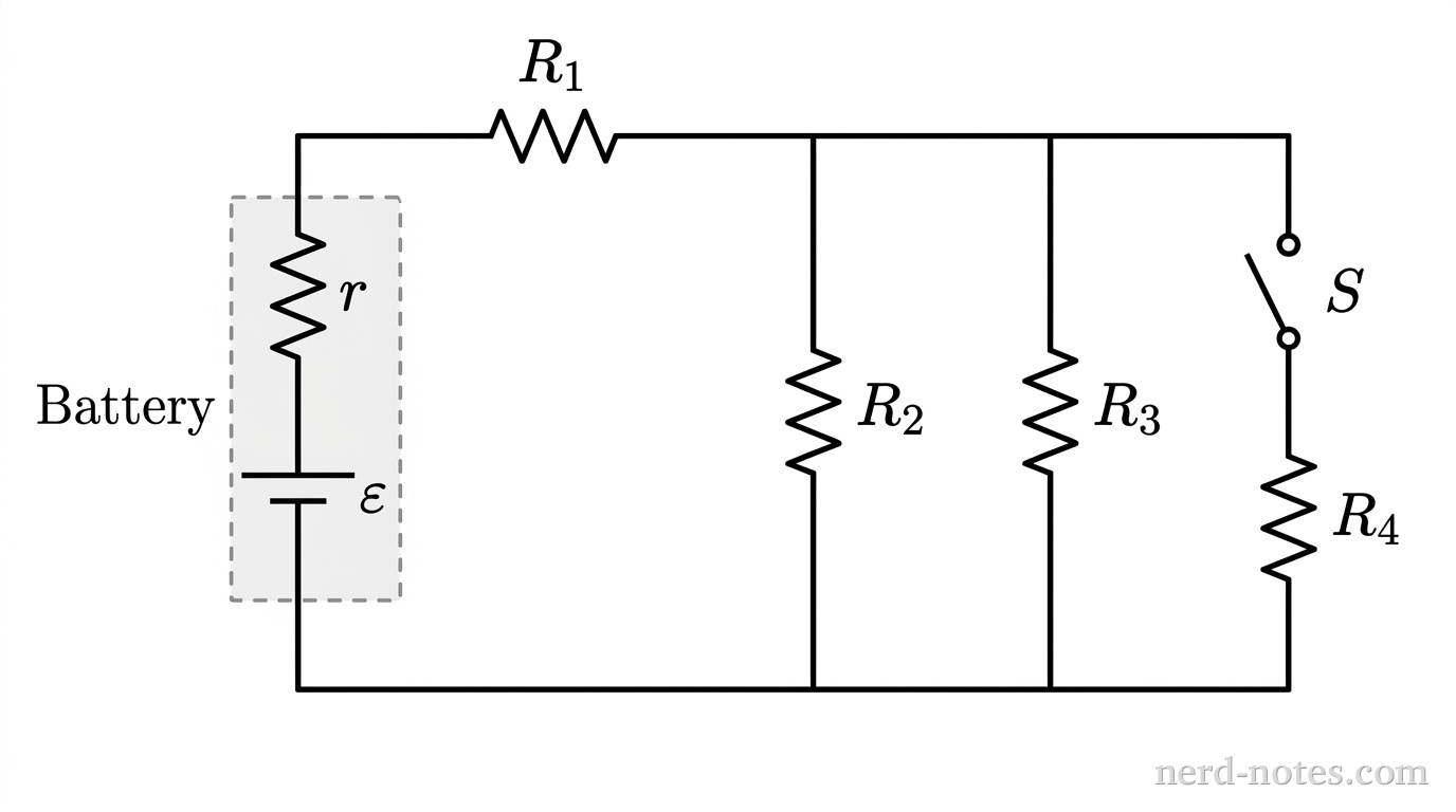 Circuit schematic with a non-ideal battery and resistor network.