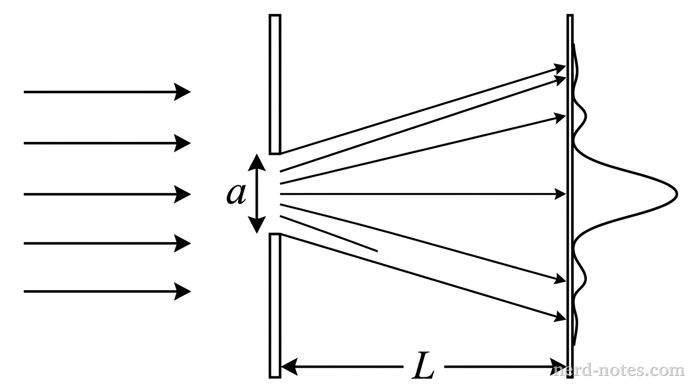 A horizontal schematic of a single-slit diffraction setup. On the left, five parallel horizontal arrows pointing right represent incoming plane waves of light. A vertical barrier with a single central aperture of width labeled a sits in the middle. Rays of light spread outward in a fan shape from the aperture toward a vertical screen located a distance L to the right. On the vertical screen, a graph-like curve aligned vertically shows the diffraction intensity pattern with a wide, tall central peak centered on the central axis, flanked on both top and bottom by significantly smaller, narrower secondary peaks. The distance from the slit barrier to the screen is labeled L. No other labels, lines, text, or axes appear.