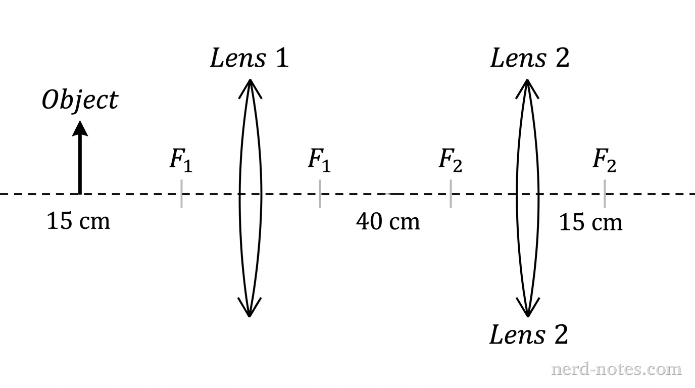 A horizontal dashed line represents the principal axis. Two thin converging lenses are drawn as vertical line segments with outward-pointing double-arrow tips at top and bottom. The first lens, labeled Lens 1, is positioned along the axis with tick marks labeled F1 at a distance representing 10 cm on both sides. The second lens, labeled Lens 2, is positioned 40 cm to the right of Lens 1 along the axis, with tick marks labeled F2 at a distance representing 15 cm on both sides. An upright arrow labeled Object stands on the principal axis at a distance representing 15 cm to the left of Lens 1. No light rays, intermediate images, or final images appear.