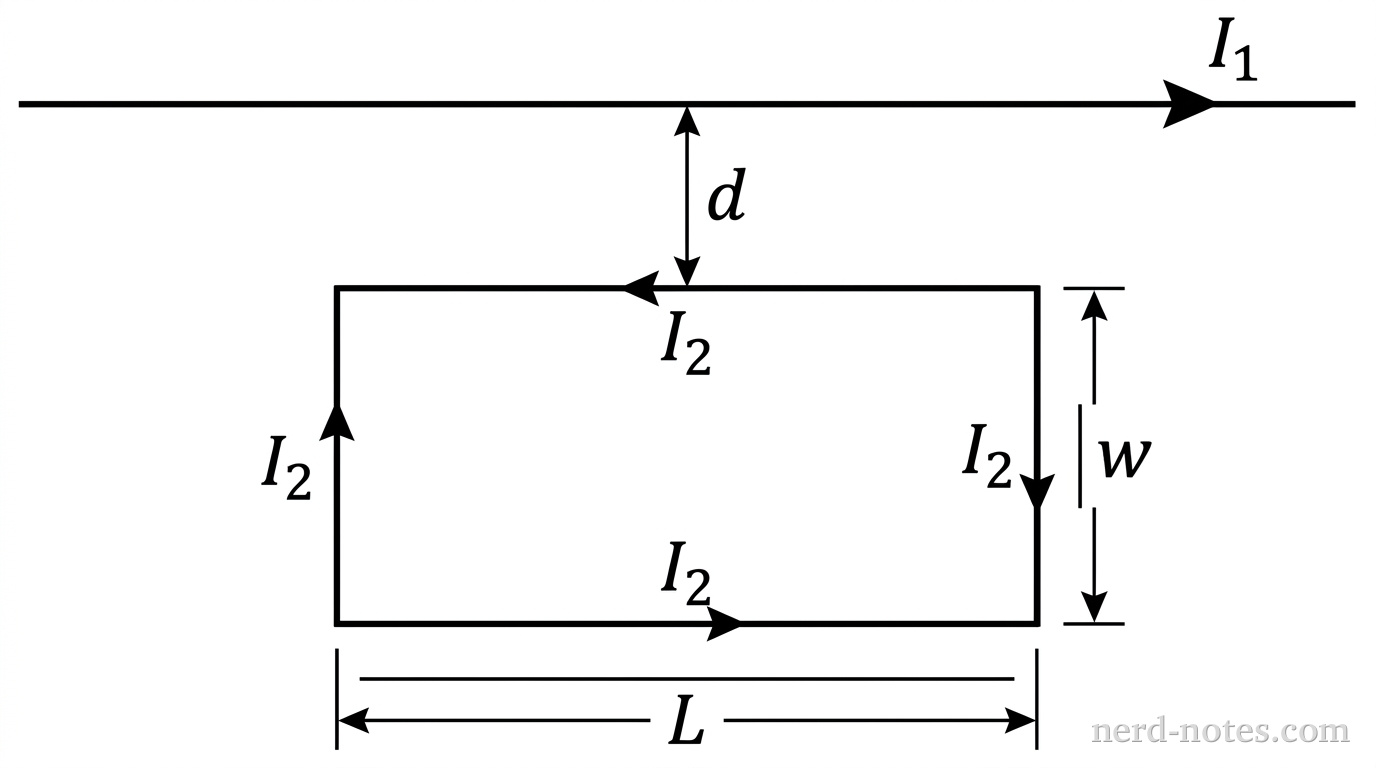 A long horizontal wire carries a current I_1 to the right. Below the wire, a rectangular wire loop of width w and length L is shown in the same plane. The top edge of length L is horizontal and separated from the long wire by a vertical distance d. The loop carries a counterclockwise current I_2, indicated by small arrows along its edges. The width w extends vertically downward from the top edge. No other labels, lines, text, or axes appear.