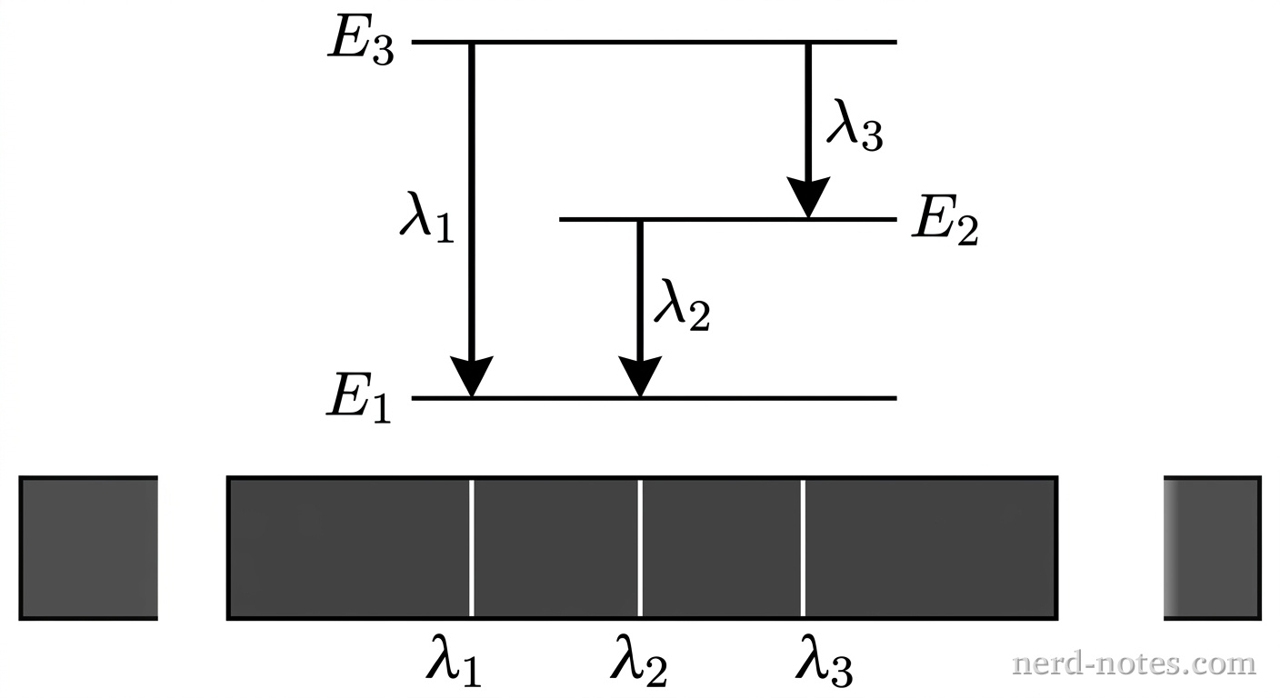 A schematic diagram showing an energy level diagram above a line spectrum. The upper region contains three horizontal line segments representing energy levels, stacked vertically and labeled from bottom to top as E_1, E_2, and E_3. Three downward vertical arrows connect these levels: one from E_3 to E_1 labeled lambda_1, one from E_2 to E_1 labeled lambda_2, and one from E_3 to E_2 labeled lambda_3. Directly below the energy level diagram is a horizontal rectangle representing a spectrum. The rectangle is dark gray with three thin vertical white lines representing emission lines, located at horizontal positions corresponding to lambda_1, lambda_2, and lambda_3, with each line labeled with its corresponding wavelength symbol below the rectangle. No other labels, lines, text, or axes appear.