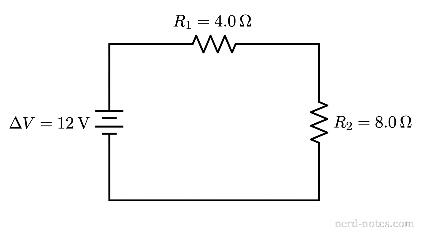 A simple schematic circuit diagram oriented horizontally. On the left vertical side, an ideal DC battery is oriented with its longer positive terminal on top and shorter negative terminal on the bottom, labeled '\Delta V = 12\text{ V}'. Wires extend from the top and bottom battery terminals to form a closed rectangular loop. The top horizontal wire segment contains a single resistor labeled 'R_1 = 4.0 \Omega'. The right vertical wire segment contains a second resistor labeled 'R_2 = 8.0 \Omega'. No other labels, lines, arrows, or text appear.