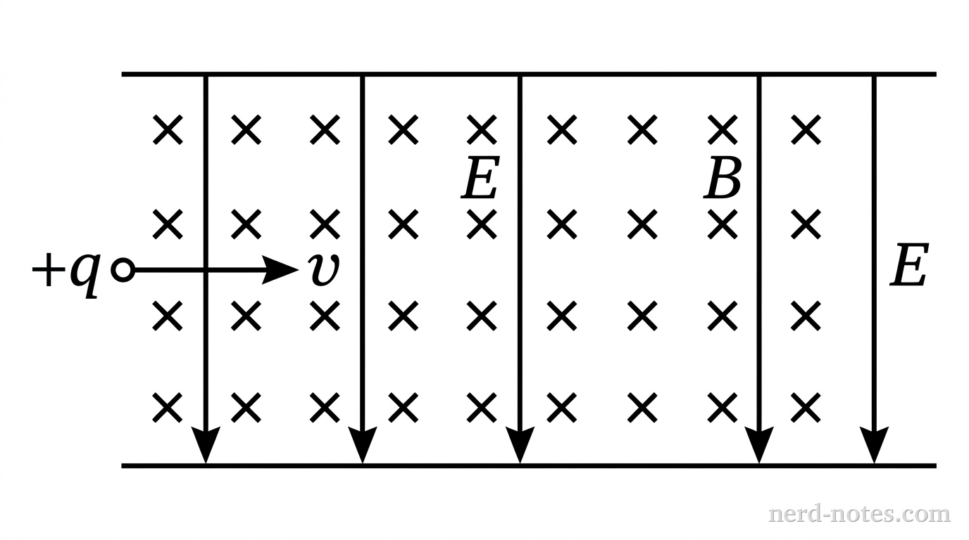 A schematic diagram showing two horizontal parallel conducting plates. The upper plate is at a higher electric potential than the lower plate. Uniform vertical arrows between the plates point downward and are labeled E. An array of uniform cross symbols distributed between the plates represents a magnetic field labeled B directed into the page. A particle labeled +q enters horizontally from the left along the central line with a velocity arrow pointing to the right labeled v. No other labels, lines, text, or axes appear.