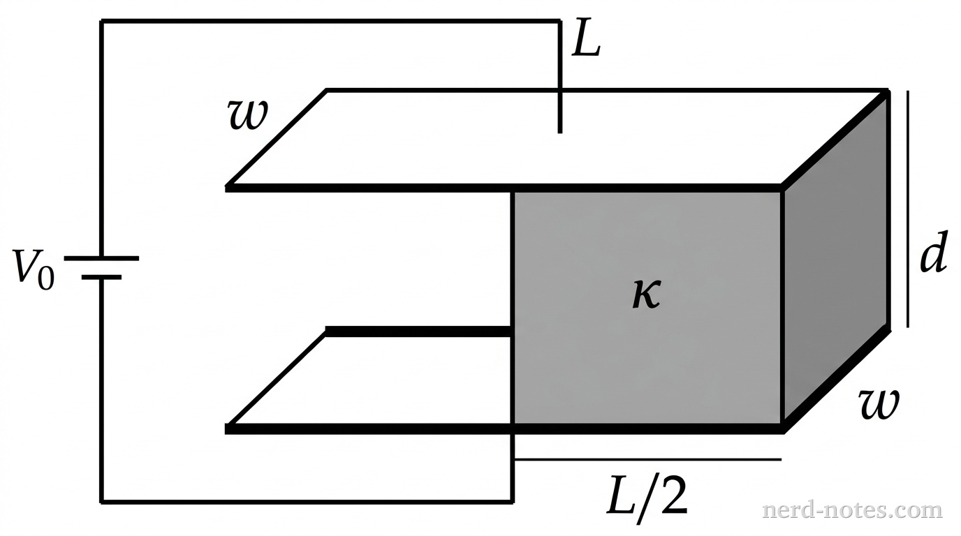 Capacitor with partially inserted dielectric connected to a battery.