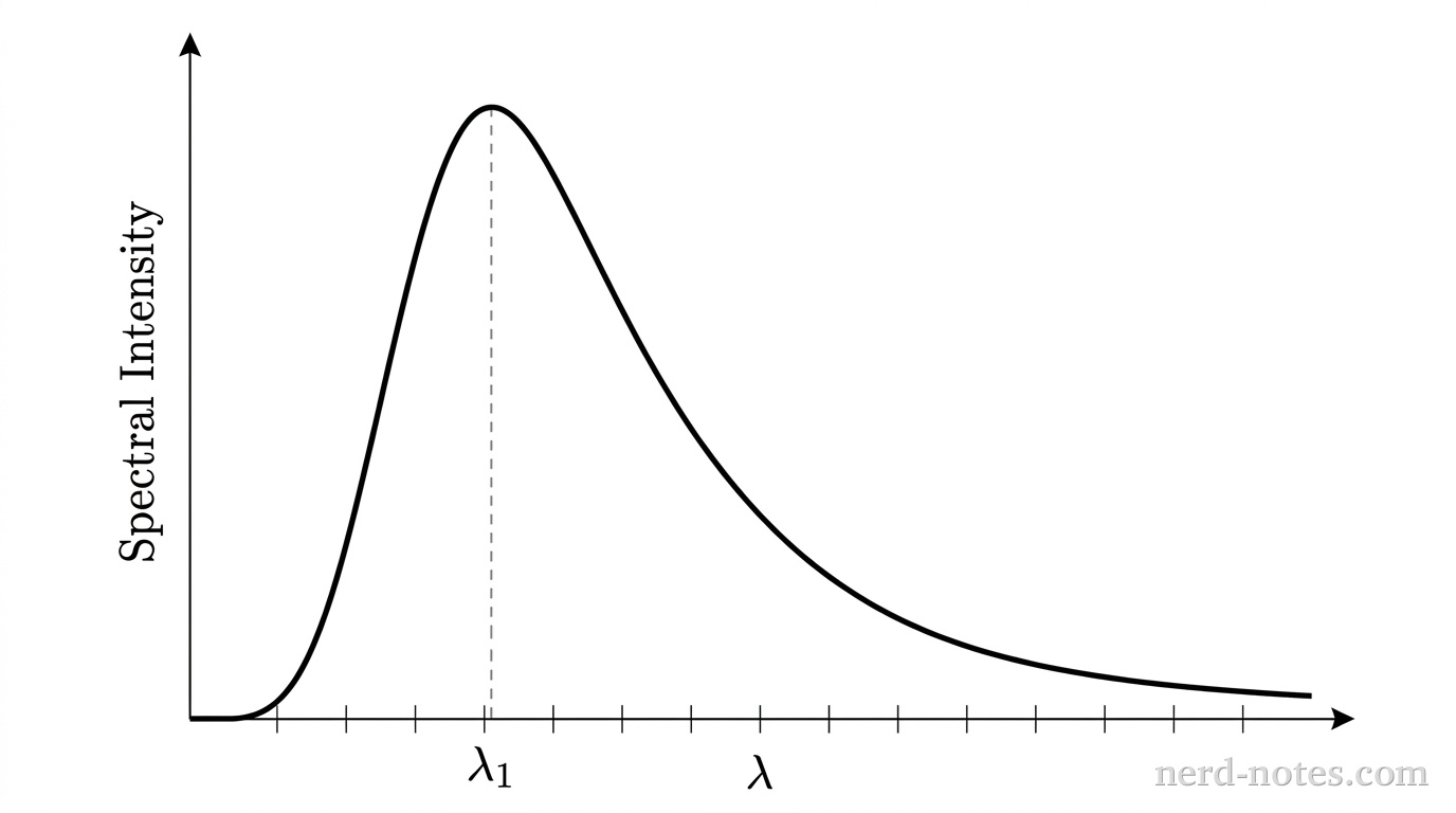 Spectral intensity vs. wavelength at temperature T1.