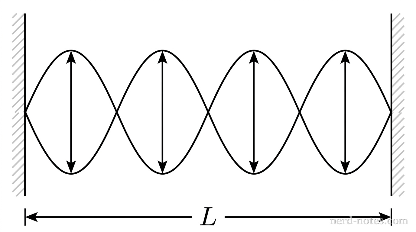 A horizontal string of length L is fixed between two vertical rigid supports located at the left and right ends. The string forms a standing wave pattern consisting of four identical, evenly spaced loops between the supports, with fixed node points at both ends and three intermediate nodes along the string. A double-headed vertical arrow at the center of each loop indicates the peak-to-peak amplitude of vibration. A horizontal dimension line below the string spans the entire distance between the supports and is labeled with the length L. No other labels, lines, text, or axes appear.