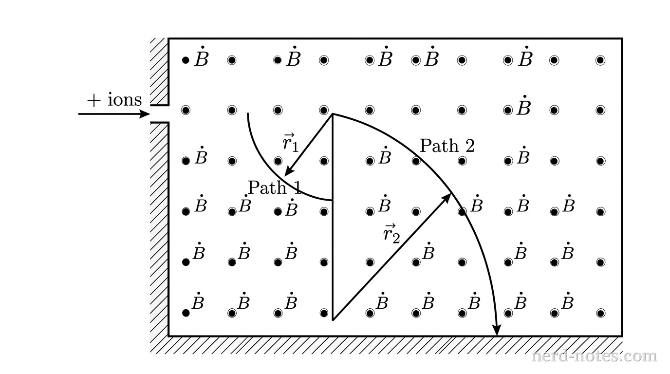 A schematic diagram of a mass spectrometer chamber. On the left vertical wall, a narrow entrance slit opens into a rectangular deflection region containing a uniform magnetic field indicated by black dots labeled B pointing out of the page. Two positive ions enter horizontally to the right through the slit at the same entry point. Inside the field, two circular arc trajectories bend downward toward a detector plate along the bottom wall. Path 1 forms a smaller semicircular arc of radius r1, and Path 2 forms a larger semicircular arc of radius r2. Labels r1 and r2 indicate the radii of the two arcs from their respective centers along the entry line. No other labels, lines, text, or axes appear.