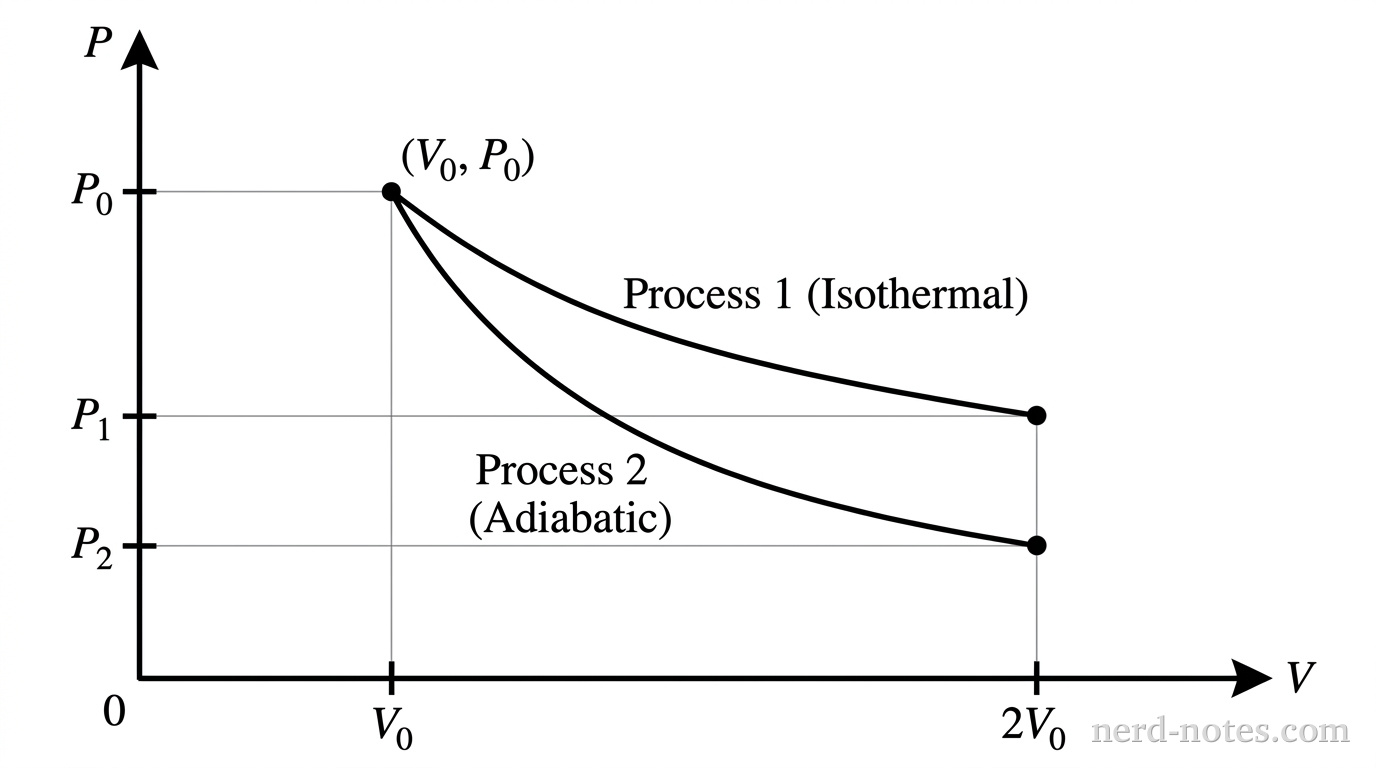 A P-V diagram with vertical axis labeled P and horizontal axis labeled V. The origin is at the lower-left. A single point is marked in the upper-left region labeled (V_0, P_0). Two downward-curving paths extend from (V_0, P_0) to the right, ending at horizontal position 2V_0. The upper path is labeled Process 1 (Isothermal) and ends at pressure P_1. The lower path is labeled Process 2 (Adiabatic) and curves downward more steeply, ending at a lower pressure P_2. Ticks on the horizontal axis mark V_0 and 2V_0. Ticks on the vertical axis mark P_0, P_1, and P_2. No other labels, lines, text, or axes appear.