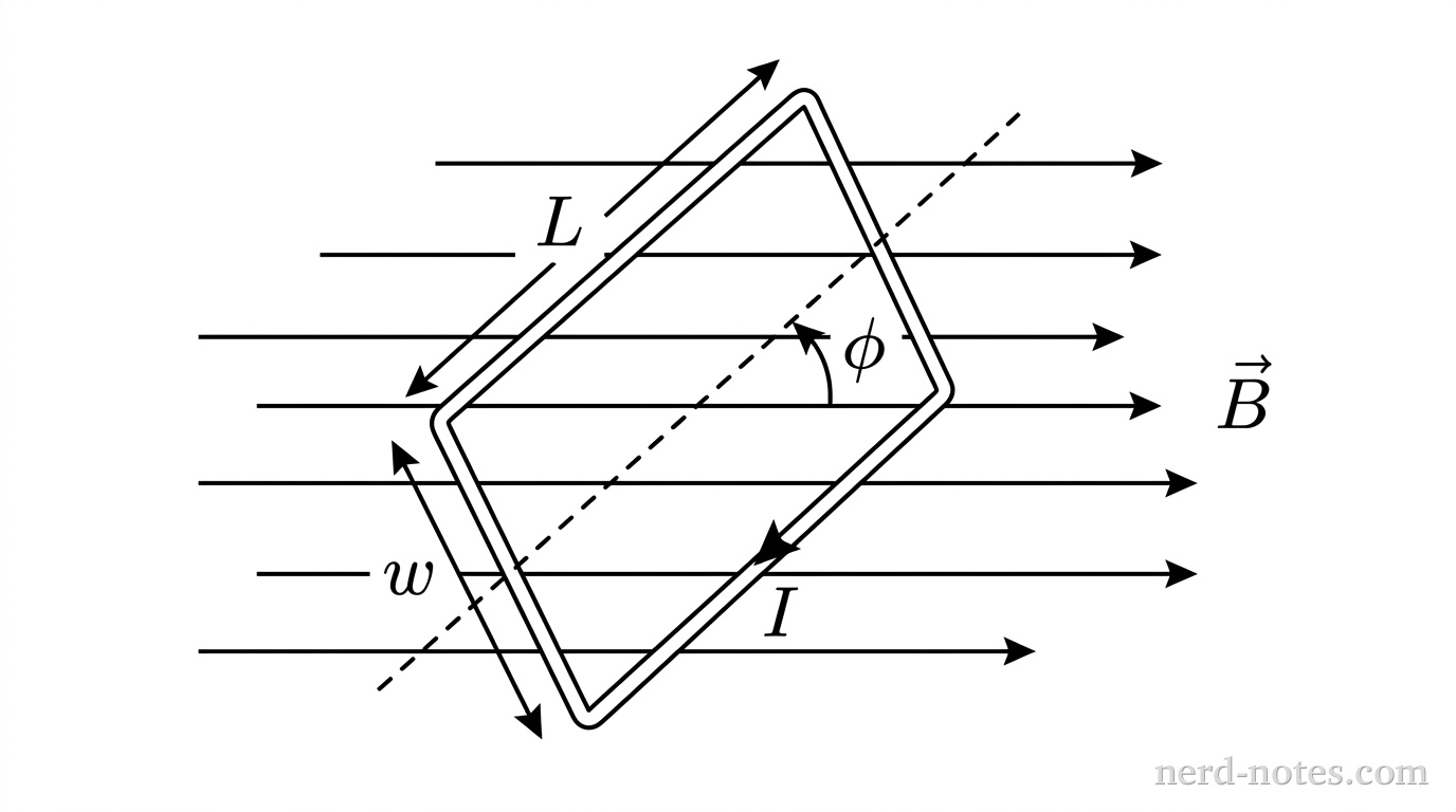A 3D perspective schematic showing a rectangular wire loop of width w and length L situated in a uniform magnetic field B directed along the positive x-axis. The loop is tilted such that the angle between the plane of the loop and the magnetic field vectors is labeled \phi. An arrow indicates a steady counterclockwise current I flowing through the loop. The rotation axis passes lengthwise through the center of the loop, parallel to the sides of length L. No other labels, lines, text, or axes appear.