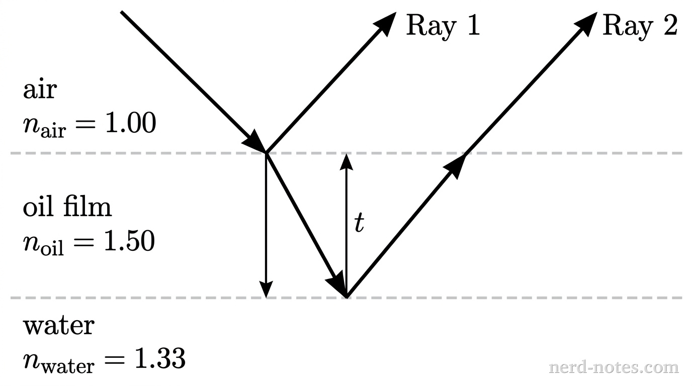 A schematic diagram showing a horizontal three-layer medium. The top layer is labeled air with index \(n_{\text{air}} = 1.00\). The middle layer of thickness \(t\) is labeled oil film with index \(n_{\text{oil}} = 1.50\). The bottom layer is labeled water with index \(n_{\text{water}} = 1.33\). A single downward incident light ray in air approaches the top horizontal interface at a slight angle to the normal. At the top interface, Ray 1 reflects upward and to the right into the air. A refracted ray continues downward into the oil layer to the bottom interface, where Ray 2 reflects upward and to the right, exiting back into the air parallel to Ray 1. A vertical double-headed arrow spanning the middle layer is labeled \(t\). No other labels, lines, text, or axes appear.