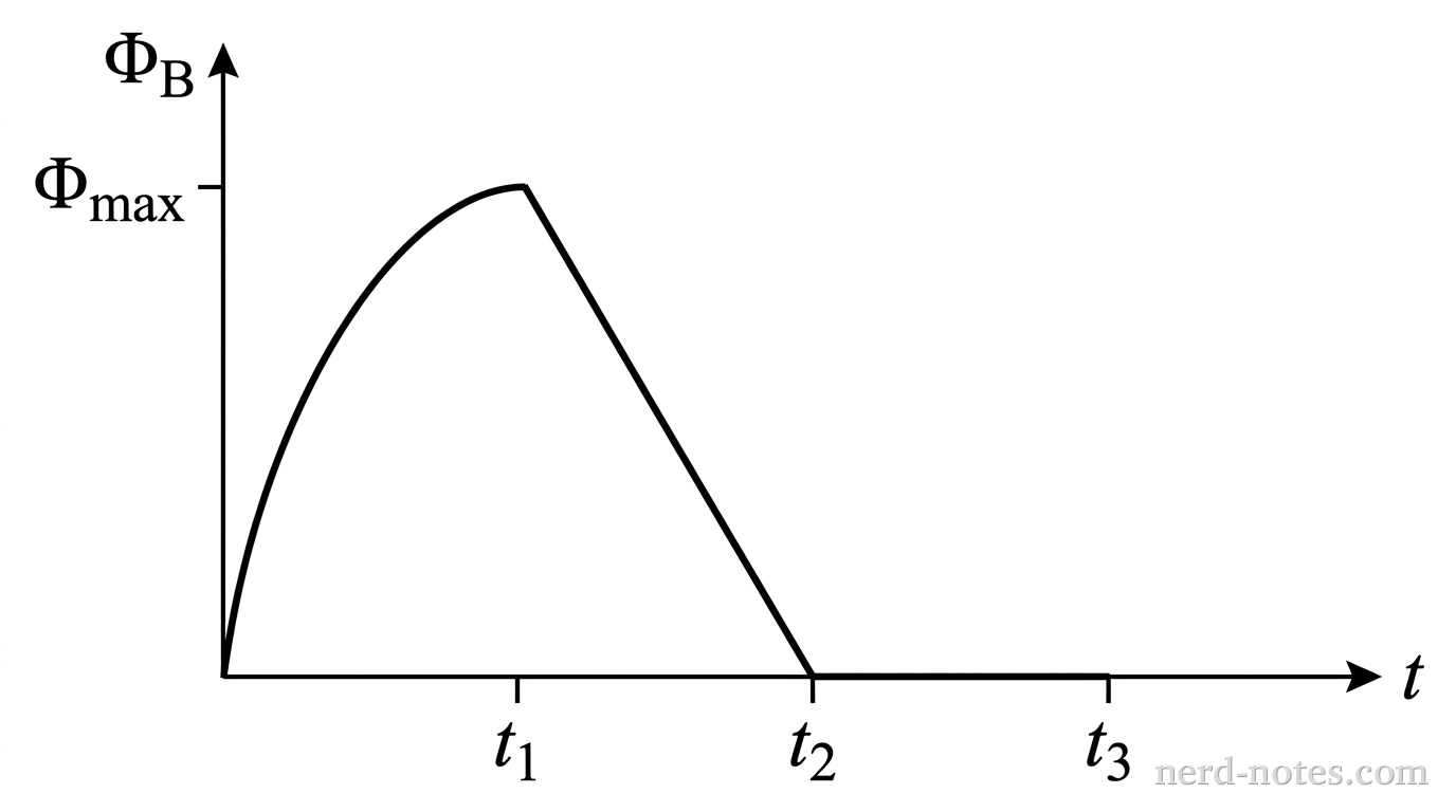A graph of magnetic flux \Phi_B versus time t. The vertical axis is labeled \Phi_B and the horizontal axis is labeled t. Time markers t_1, t_2, and t_3 are spaced along the horizontal axis. From t=0 to t=t_1, the curve starts at the origin with zero slope and curves concave upward to a peak flux value \Phi_{max} at t=t_1. From t=t_1 to t=t_2, a straight line segment slopes steeply downward from \Phi_{max} to 0 at t=t_2. From t=t_2 to t=t_3, a straight horizontal line segment lies directly along the horizontal axis at \Phi_B = 0. No other labels, lines, text, or axes appear.