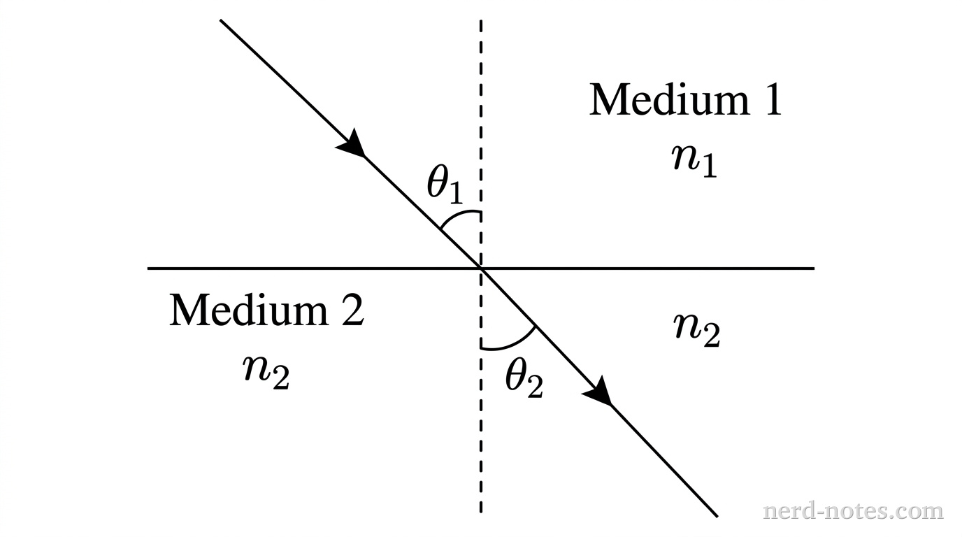 A horizontal boundary line separates Medium 1 above from Medium 2 below, labeled n_1 and n_2 respectively with n_1 > n_2. A dashed vertical normal line passes through the boundary. An incident light ray in Medium 1 travels downward and rightward toward the boundary, making an angle theta_1 with the normal line. A refracted ray in Medium 2 continues downward and rightward away from the normal line, making an angle theta_2 with the normal line, where theta_2 > theta_1. No other labels, lines, text, or axes appear.