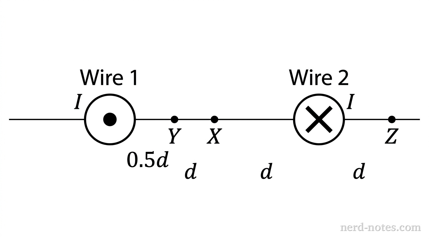 Cross-sectional view of two long straight parallel wires perpendicular to the page. Wire 1 on the left is drawn as a circle containing a dot labeled I pointing out of the page. Wire 2 on the right is drawn as a circle containing an X labeled I pointing into the page. The distance between Wire 1 and Wire 2 is labeled 2d. A horizontal axis line connects both wires and extends to the left and right. Point X is marked on the line midway between Wire 1 and Wire 2 at distance d from each wire. Point Y is marked on the line between Wire 1 and Wire 2 at distance 0.5d to the right of Wire 1. Point Z is marked on the line at distance d to the right of Wire 2. No other labels, lines, text, or axes appear.
