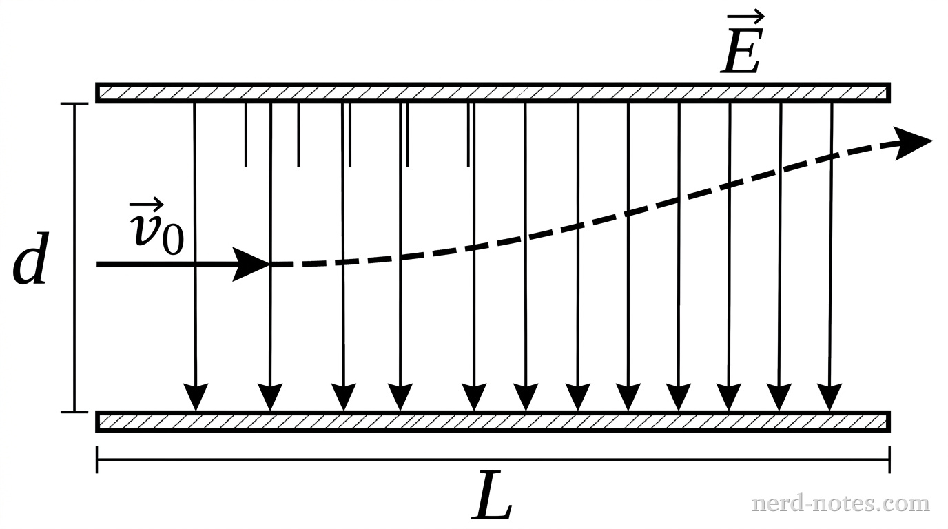 Two horizontal parallel conducting plates of length \(L\) are separated vertically by a distance \(d\). Vertical electric field lines labeled \(\vec{E}\) point uniformly downward from the top plate to the bottom plate. At the vertical midpoint on the left entrance of the plates, a horizontal arrow labeled \(\vec{v}_0\) points to the right into the region between the plates. A dashed curved line indicates a parabolic path bending upward toward the top plate, exiting the right side of the plates without contacting either plate. Labels \(L\) and \(d\) indicate the horizontal length and vertical separation of the plates, respectively. No other labels, lines, text, or axes appear.