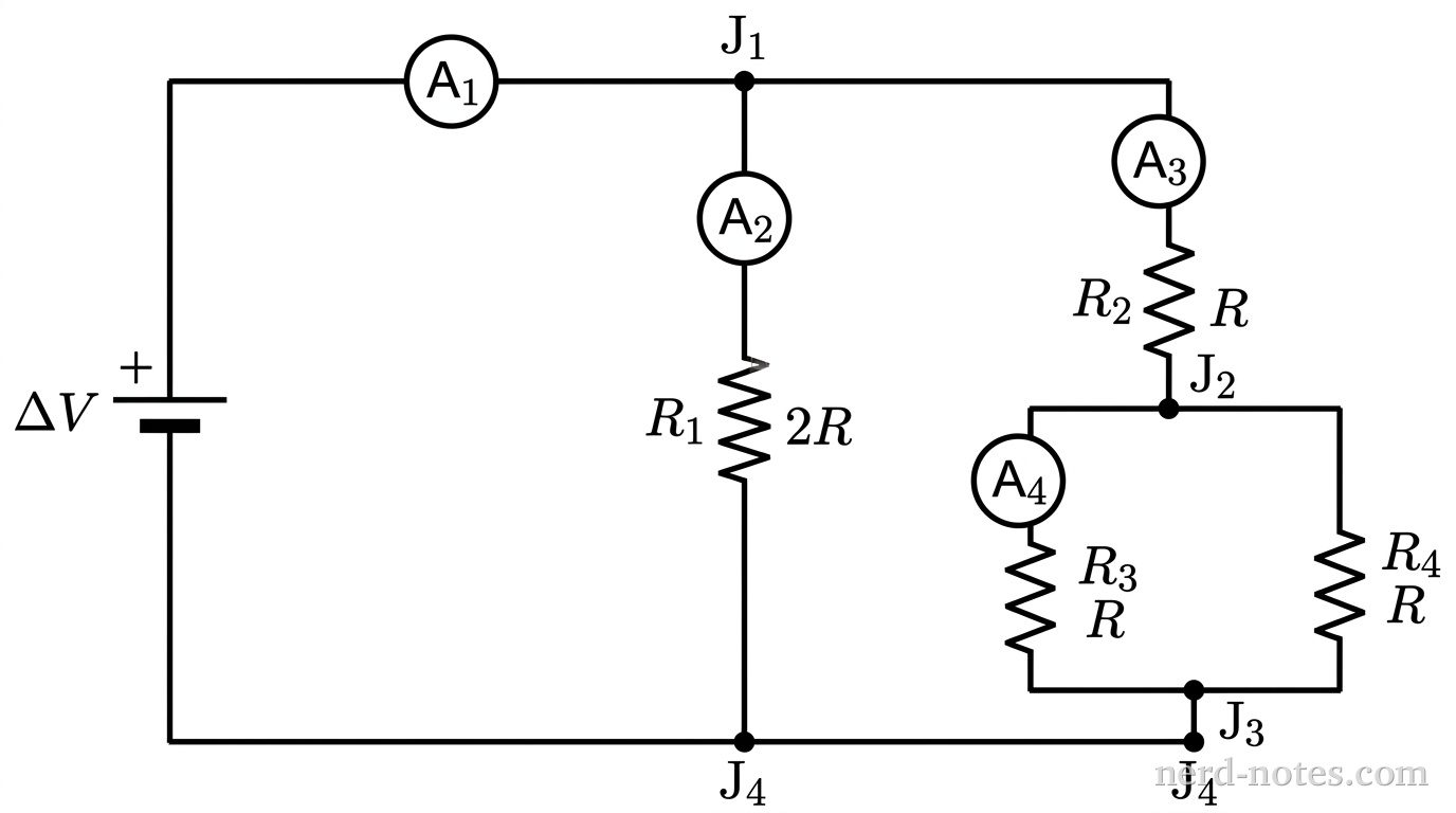 Circuit schematic with battery, four resistors, and four ammeters.