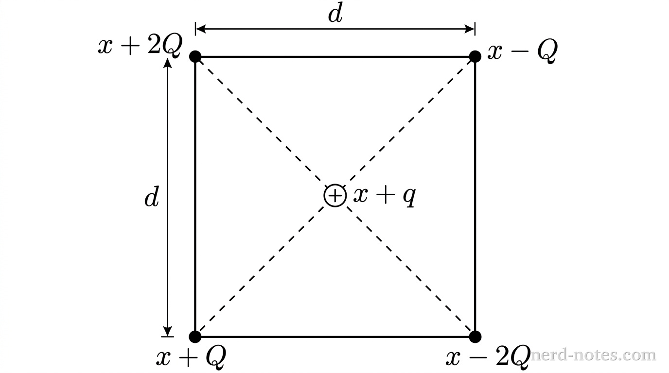 A square with side length d is shown in a black outline. At the top-left corner is a small filled circle labeled +2Q. At the top-right corner is a small filled circle labeled -Q. At the bottom-right corner is a small filled circle labeled -2Q. At the bottom-left corner is a small filled circle labeled +Q. Dashed line diagonals connect opposite corners, intersecting at the exact center of the square. At the center intersection point, a small circle with a plus sign is labeled +q. Dimension lines outside the top and left edges of the square indicate side length d. No other labels, lines, text, or axes appear.