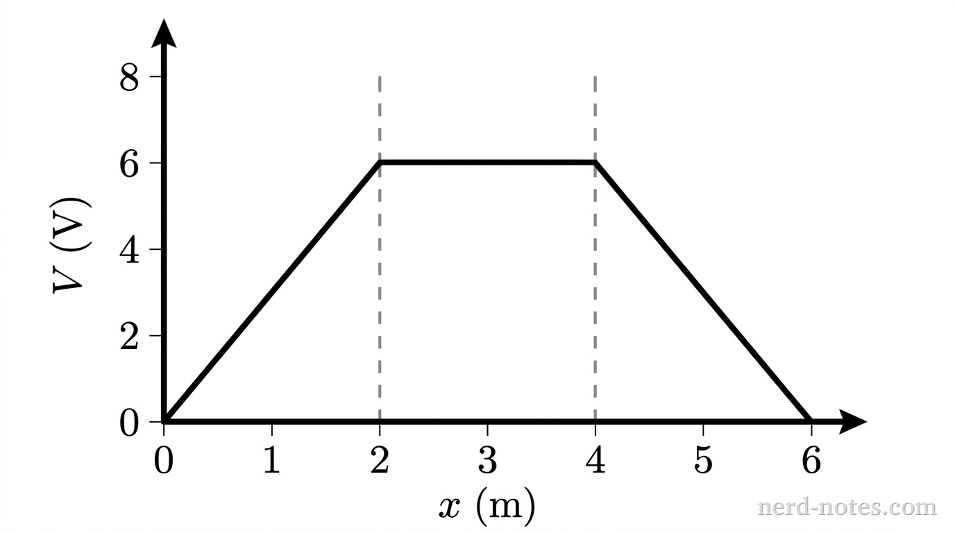 A quantitative graph of electric potential V in volts versus position x in meters. The vertical axis ranges from 0 to 8 V with tick marks labeled 0, 2, 4, 6, 8. The horizontal axis ranges from 0 to 6 m with tick marks labeled 0, 1, 2, 3, 4, 5, 6. From x = 0 to x = 2 m, V increases linearly from 0 V to 6 V. From x = 2 m to x = 4 m, V is constant at 6 V. From x = 4 m to x = 6 m, V decreases linearly from 6 V to 0 V. Vertical dashed lines extend from x = 2 m and x = 4 m. No other labels or lines appear.