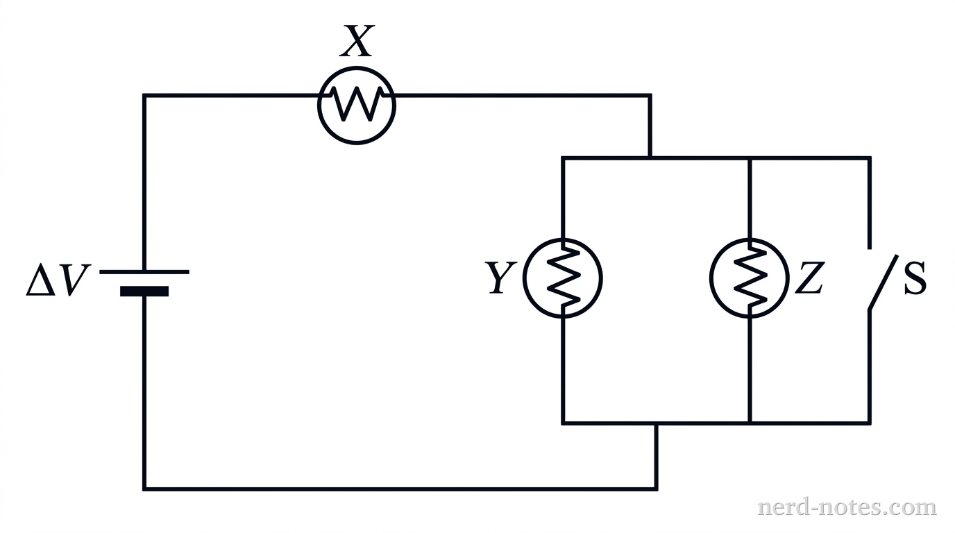 A rectangular circuit schematic diagram is drawn with clean dark lines on a white background. On the left vertical wire, an ideal battery symbol is drawn with the longer positive plate at top, labeled with potential difference \(\Delta V\). The top horizontal wire extends to the right and connects to a lightbulb symbol labeled X. After bulb X, the wire splits at a T-junction into two parallel vertical branches extending downward. The left parallel branch contains a lightbulb symbol labeled Y. The right parallel branch contains a lightbulb symbol labeled Z in series with an open switch symbol labeled S. Below the parallel branches, the wires recombine at a bottom T-junction into a single bottom horizontal wire that returns to the negative terminal of the battery. No other labels, lines, text, or components appear.