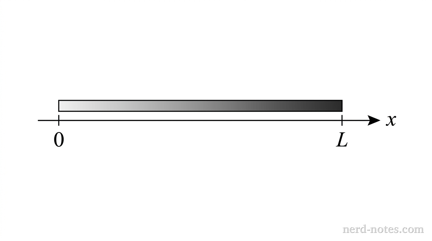 A horizontal axis labeled x with vertical tick marks at 0 and L. A thin horizontal rectangular rod lies along the x-axis from x = 0 to x = L. The rod has a shading gradient, starting light gray at x = 0 and becoming solid dark gray at x = L. An origin tick mark is labeled 0 at the left end of the rod. No other labels, lines, text, or axes appear.