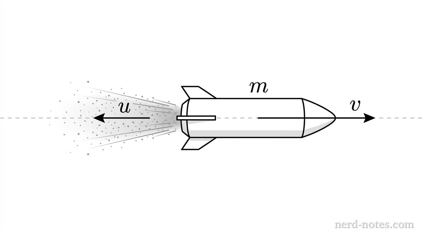 A cylindrical rocket of mass m moving to the right along a horizontal axis in deep space. A stream of exhaust gas is expelled to the left behind the rocket with exhaust speed u relative to the rocket. The rocket's velocity vector points to the right, labeled v. A dashed horizontal line indicates the line of motion. No other labels, lines, text, or axes appear.