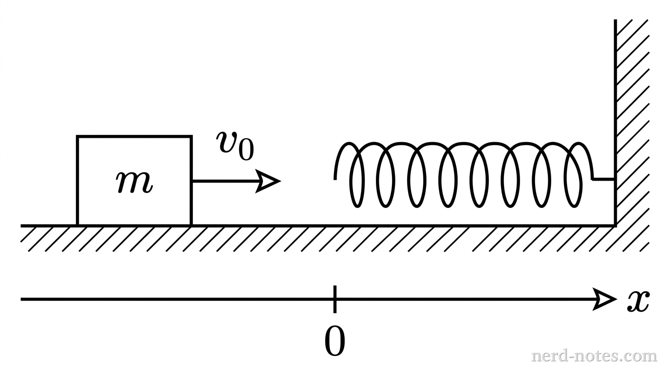 A block of mass m moving toward a non-linear spring.