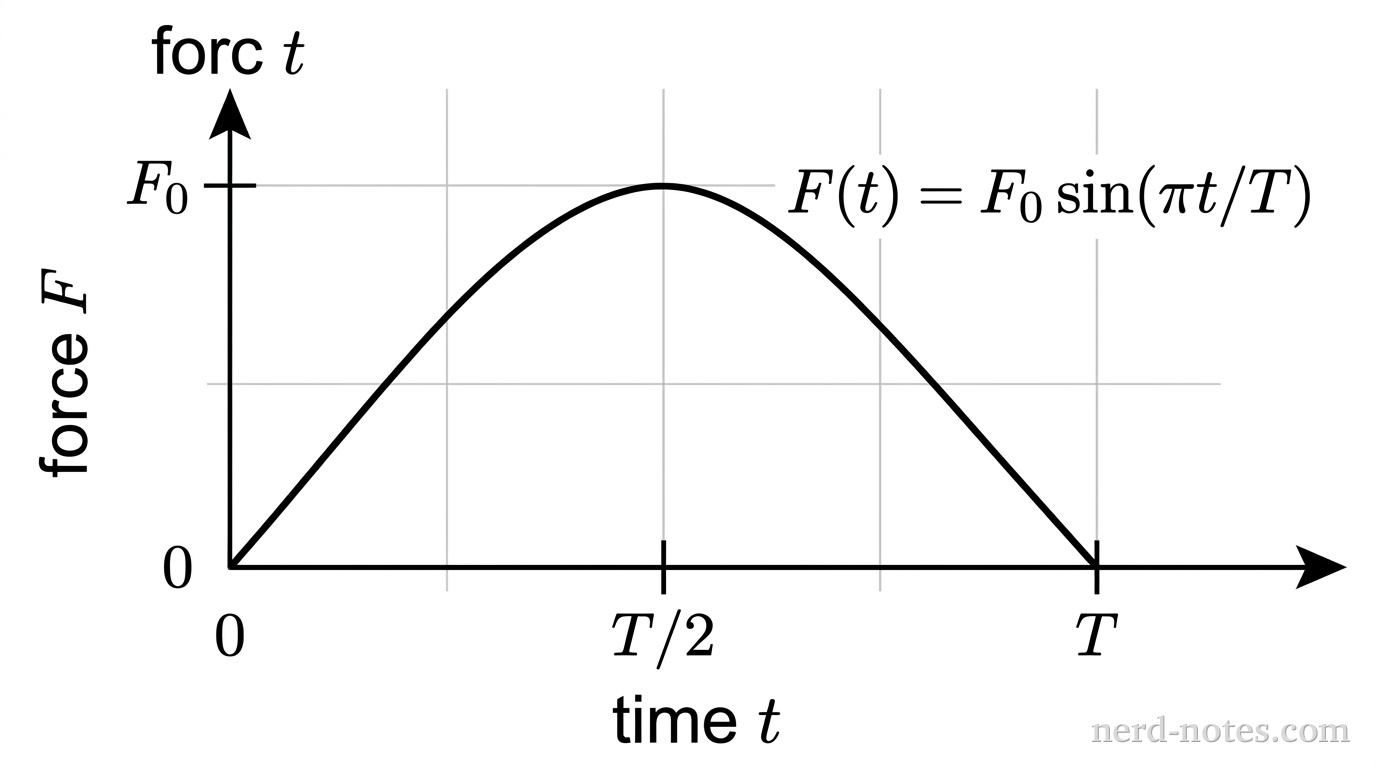 A graph of force F versus time t. The horizontal axis is labeled time t, with tick marks at 0, T/2, and T. The vertical axis is labeled force F, with a tick mark at F_0. A smooth, symmetric curve starting at the origin (0, 0), rising to a peak of F_0 at t = T/2, and returning to 0 at t = T, representing one half-cycle of a sine wave labeled F(t) = F_0 sin(pi t / T). No other labels, lines, text, or axes appear.