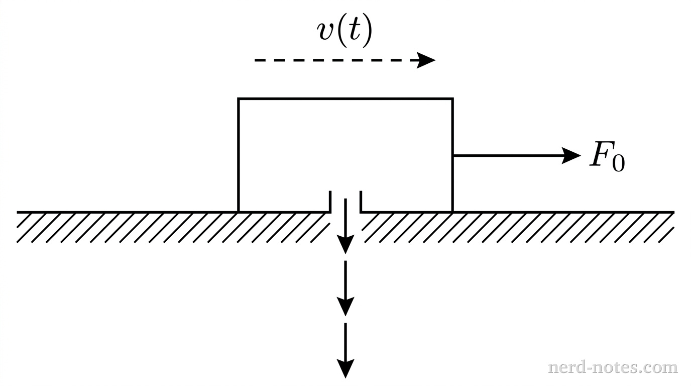 A rectangular block representing a sled rests on a smooth horizontal line. A single horizontal arrow labeled F_0 points to the right from the center of the right side of the block. Below the center of the block, three vertical downward arrows represent water droplets falling straight down from a small opening in the bottom. A horizontal dashed arrow pointing right above the block is labeled v(t). No other labels, lines, text, or axes appear.