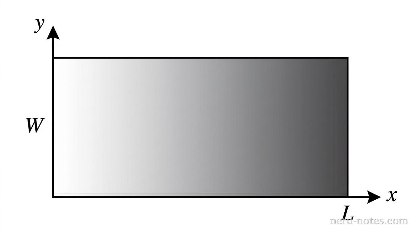 A rectangular plate in the xy-plane with its lower-left corner at the origin. The plate extends horizontally along the x-axis from 0 to L and vertically along the y-axis from 0 to W. The density of shading increases smoothly along the x-axis from left to right, being white at x = 0 and dark gray at x = L. A horizontal arrow along the bottom edge is labeled x, reaching x = L, and a vertical arrow along the left edge is labeled y, reaching y = W. No other labels, lines, text, or axes appear.