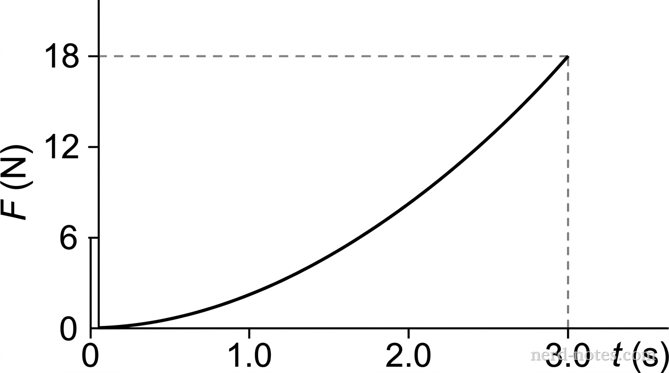 A 2D line graph of force F in newtons versus time t in seconds. The horizontal axis is labeled t (s) with tick marks at 0, 1.0, 2.0, and 3.0. The vertical axis is labeled F (N) with tick marks at 0, 6, 12, and 18. A curve starts at the origin (0, 0) and curves upward quadratically (concave up) to a peak point at (3.0, 18). At t = 3.0 s, a vertical dashed line drops down from (3.0, 18) to (3.0, 0) on the horizontal axis. A dashed horizontal reference line extends from (0, 18) to (3.0, 18). No other labels, lines, text, or axes appear.