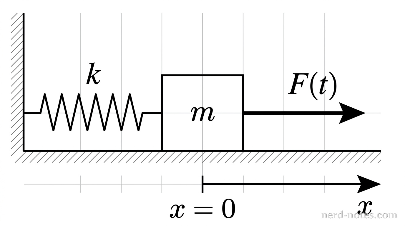 A block of mass m rests on a horizontal line representing a frictionless surface. A horizontal spring with spring constant k connects the left side of the block to a vertical wall on the left. A horizontal arrow labeled F(t) points to the right from the right side of the block. A horizontal position axis x extends to the right below the surface, with an origin marked x = 0 directly beneath the center of the block. No other labels, lines, text, or axes appear.