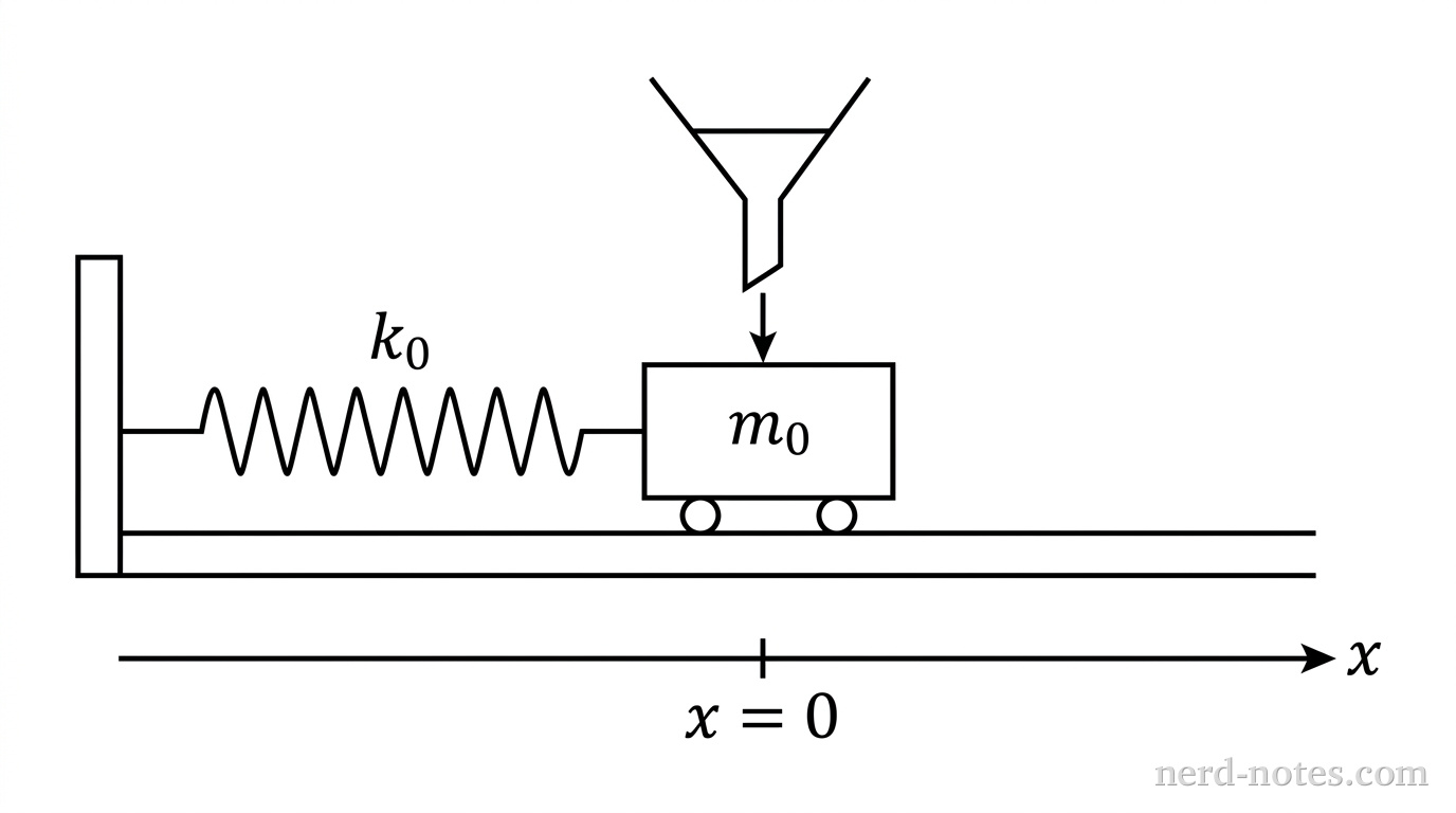 A horizontal track with a vertical wall anchored at the left end. An ideal spring with spring constant k_0 extends horizontally from the wall to a rectangular cart of mass m_0. Above the cart, a funnel dispenses sand vertically downward into the cart. A horizontal coordinate axis labeled x points to the right with its origin x = 0 marked at the cart's equilibrium position. No other labels, lines, text, or axes appear.