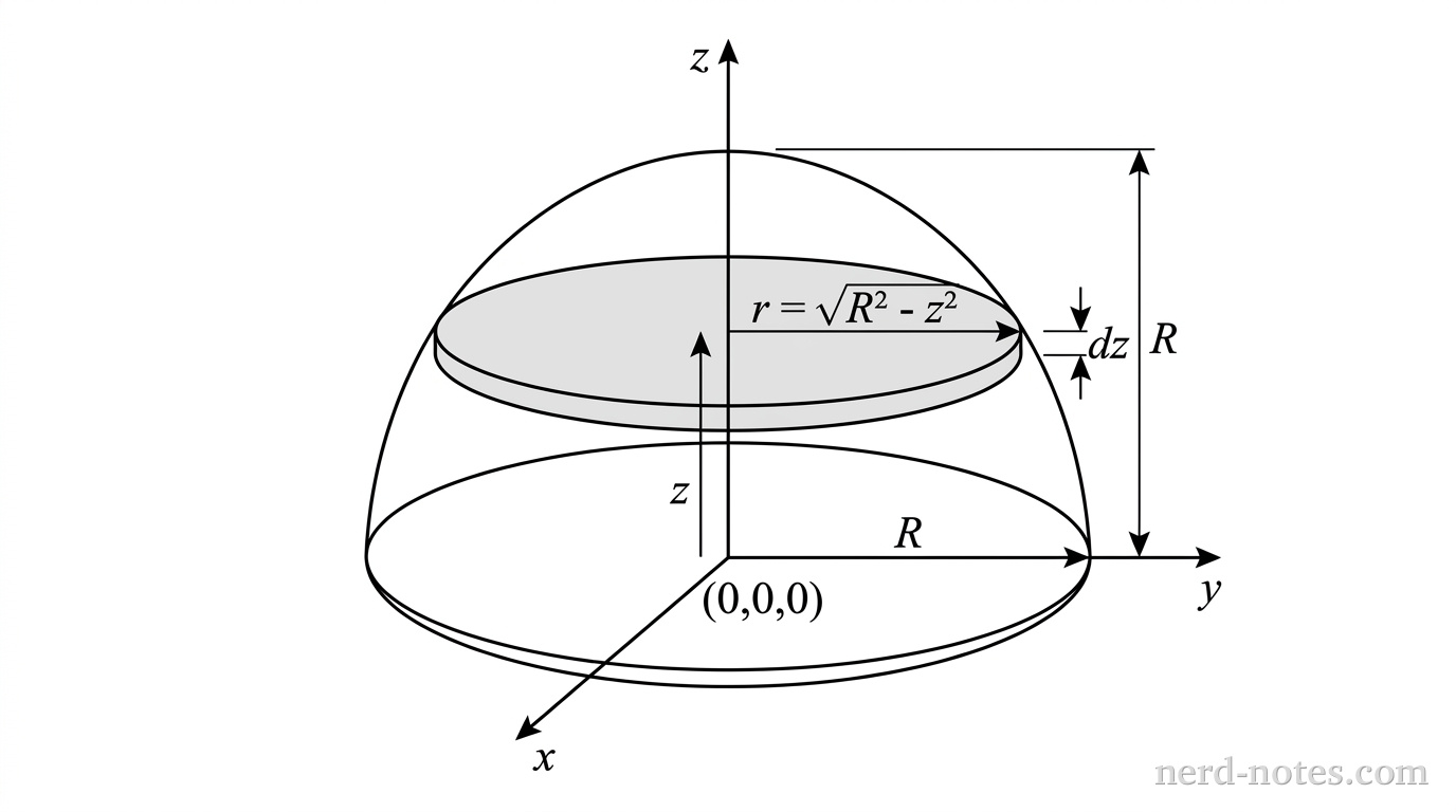 A three-dimensional diagram showing a solid hemisphere positioned in a Cartesian coordinate system. The flat circular base of radius \(R\) lies in the horizontal \(xy\)-plane, centered at the origin \((0,0,0)\). The \(z\)-axis points vertically upward through the center of the base to the top apex of the hemisphere at \(z = R\). A circular cross-sectional slice of thin thickness \(dz\) is shaded light gray at a height \(z\) above the base, with its radius labeled \(r = \sqrt{R^2 - z^2}\). An arrow indicating height \(z\) extends vertically from the origin along the \(z\)-axis to the center of the slice. A dimension line of length \(R\) marks the total height along the \(z\)-axis from \(z = 0\) to \(z = R\). No other labels, lines, text, or axes appear.