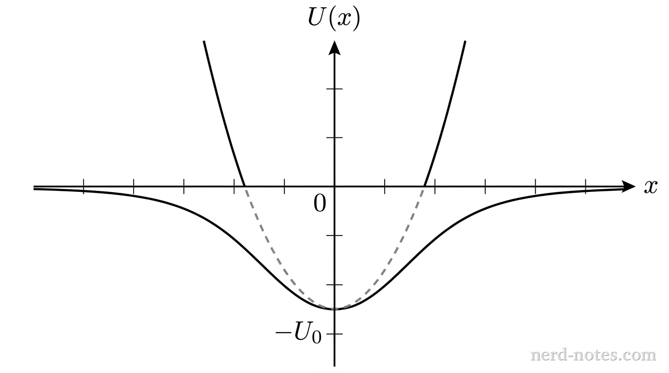 Potential energy curve U(x) with a local parabolic fit at x = 0.