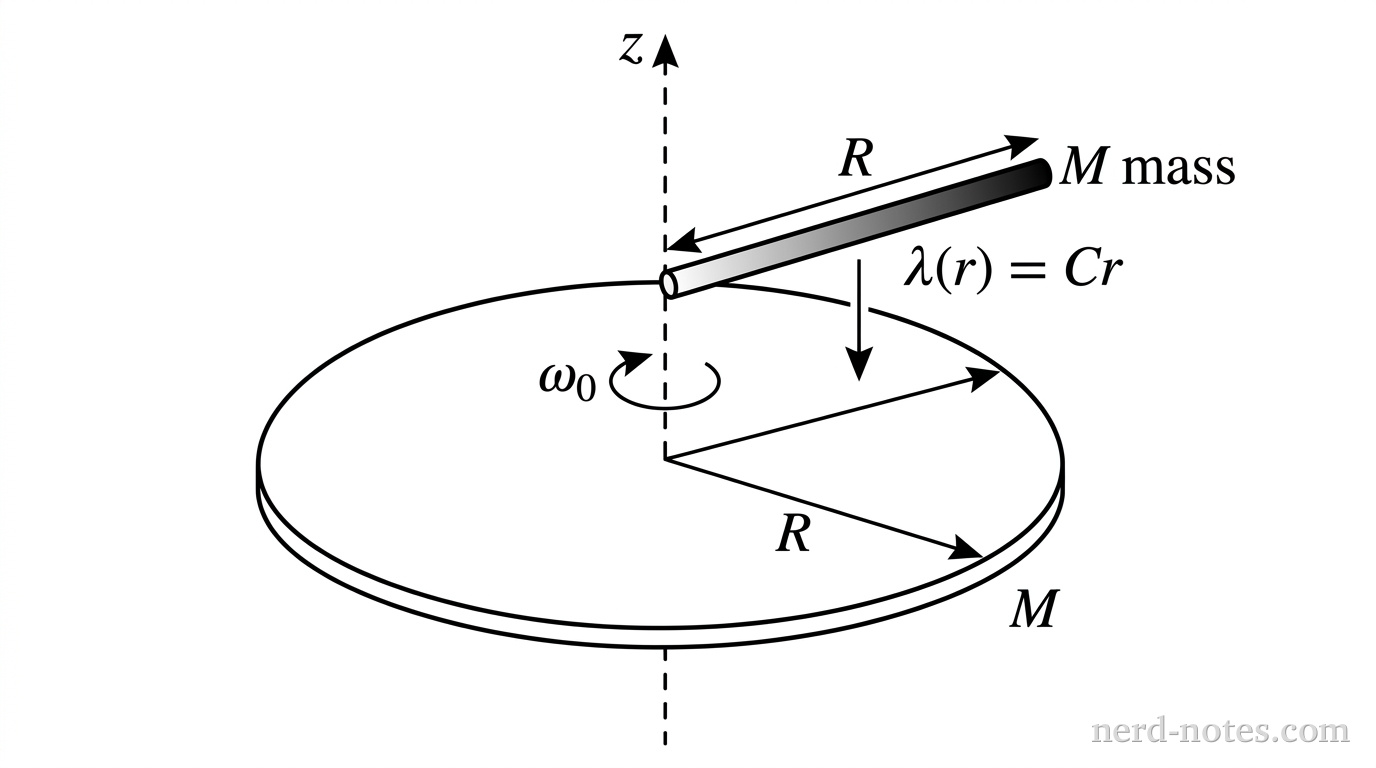 A non-uniform rod dropped vertically onto a rotating disk.