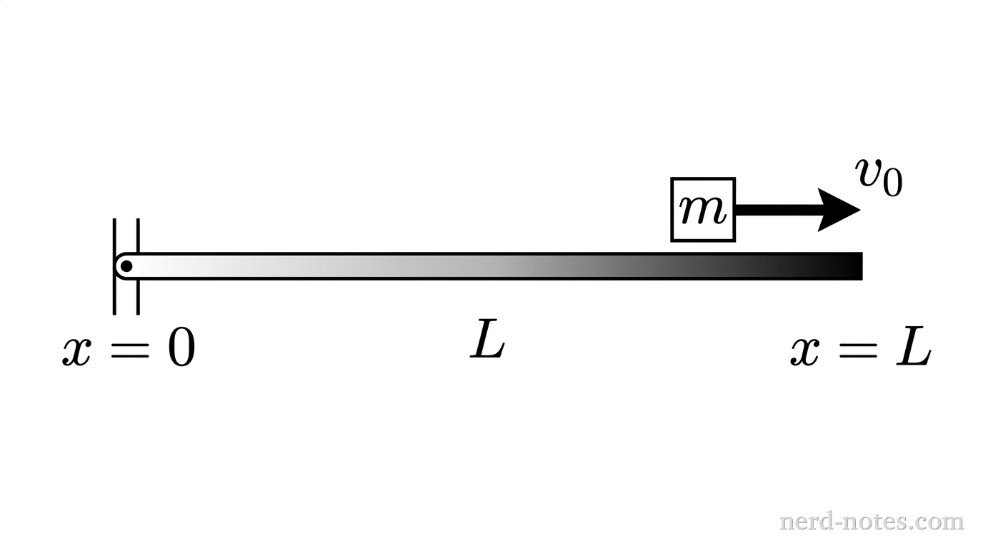 Top-down view of a block approaching a pivoted non-uniform rod.
