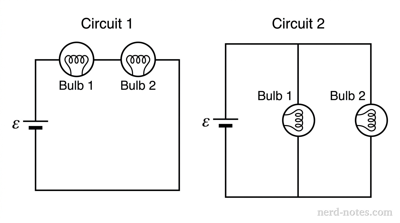 A figure showing two circuit diagrams side by side. The left circuit is labeled 'Circuit 1' and consists of a rectangular wire loop with a battery symbol on the left vertical side, labeled \(\varepsilon\). The top horizontal wire contains two lightbulb symbols (circles with a looping filament inside) in series. The left bulb is labeled 'Bulb 1' and the right bulb is labeled 'Bulb 2'. The right circuit is labeled 'Circuit 2' and consists of a battery symbol on the left vertical wire, labeled \(\varepsilon\), connected to two parallel vertical branches on the right. The inner vertical branch contains a lightbulb symbol labeled 'Bulb 1' and the outer vertical branch contains a lightbulb symbol labeled 'Bulb 2'. No other labels, lines, text, or axes appear.