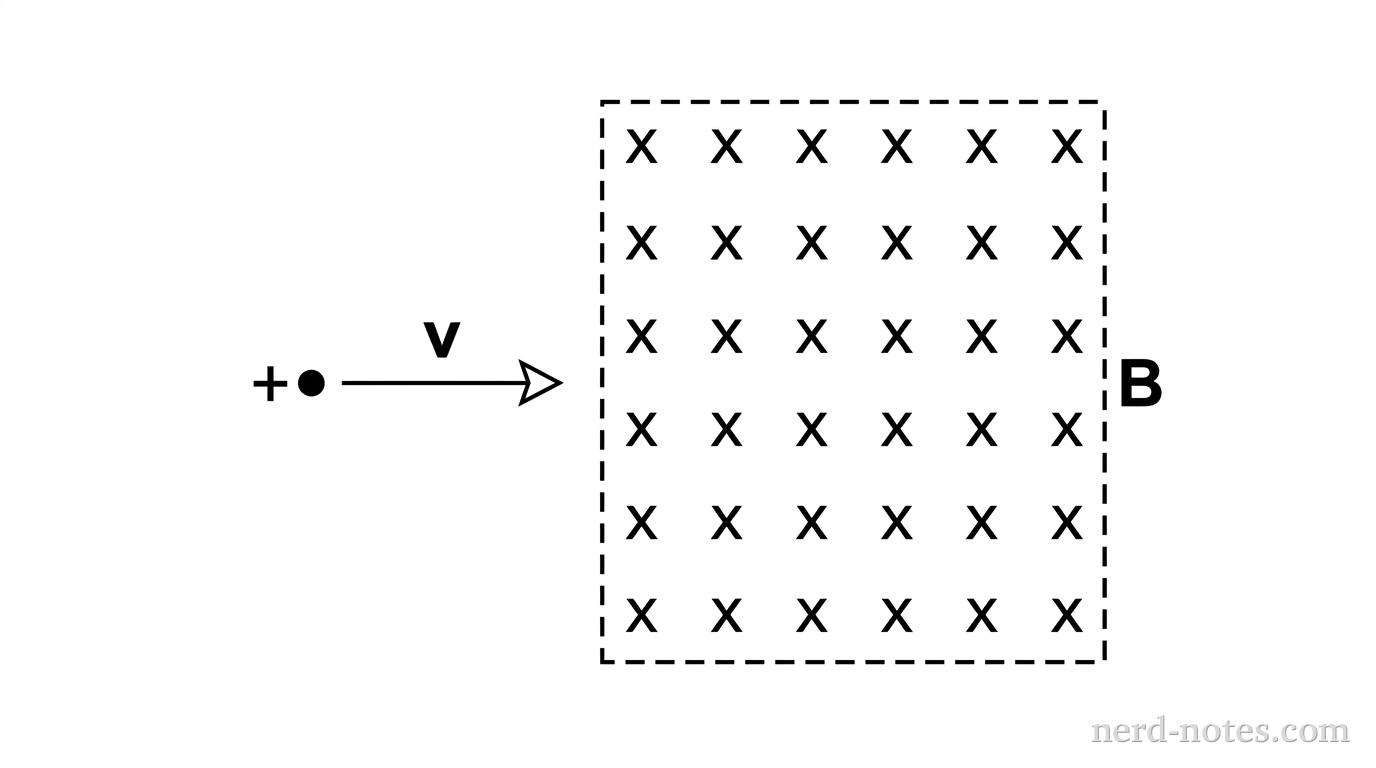 A dashed rectangular region is on the right side of the image, filled with an evenly spaced grid of 'X' marks to indicate a magnetic field pointing into the page. The region is labeled 'B'. To the left of this region is a small circle with a plus sign inside it, representing a positive ion. A horizontal arrow points from the ion to the right, toward the magnetic field region, and is labeled 'v'. No other labels, lines, text, or axes appear.